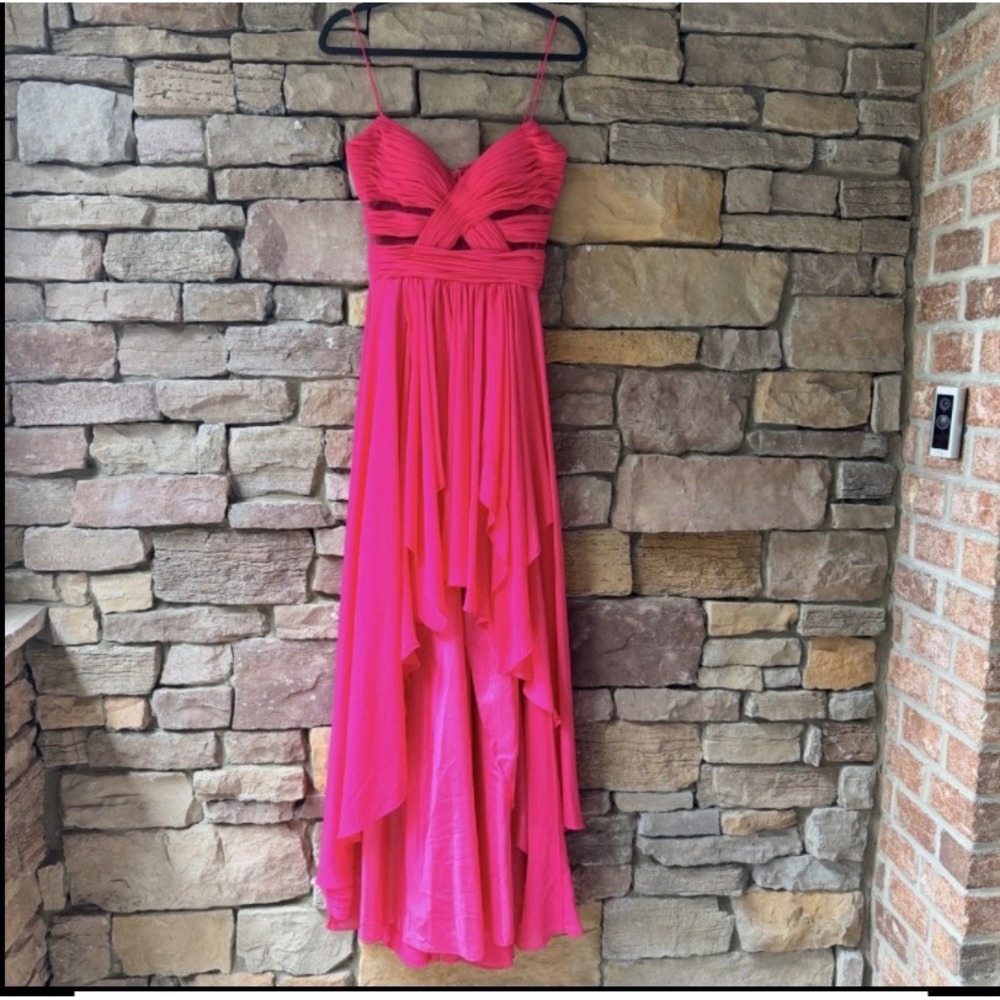 VTG Cache Women 0 Pink High Low Gown Ruched Mesh Cutout Ruffle Formal Dress Hoco